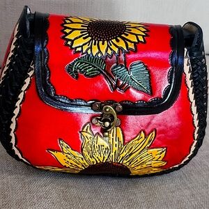 Sunflower Embellished Red Leather Bag